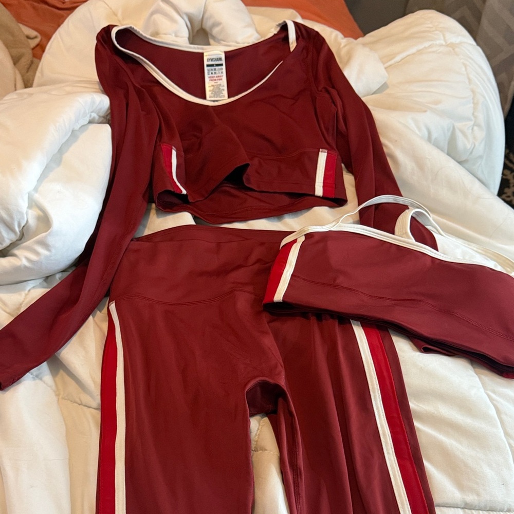 Gymshark Women's Burgundy and White 3-Piece Active Set